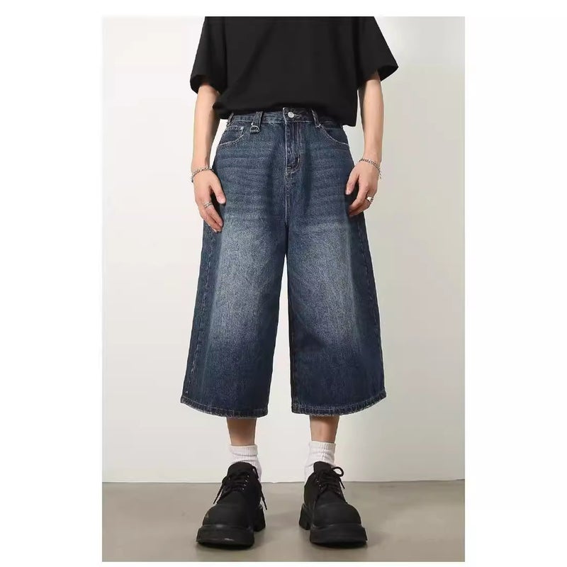 Boys New Summer Solid Color Fashionable Dark Blue Denim 7-Point Pants All-Match Loose Wide-Leg Straight Shorts Capri Pants - Image 3