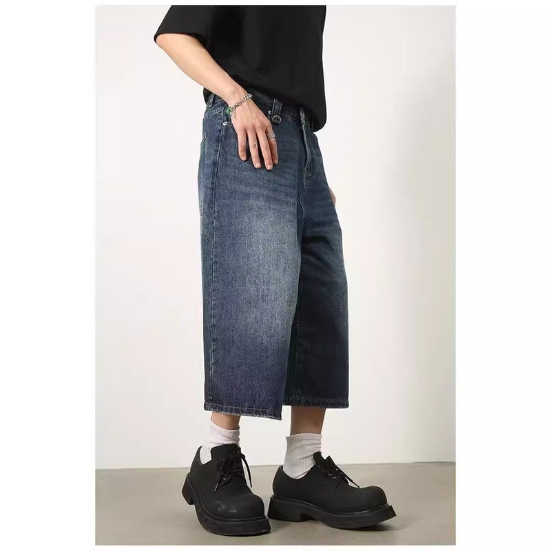 Boys New Summer Solid Color Fashionable Dark Blue Denim 7-Point Pants All-Match Loose Wide-Leg Straight Shorts Capri Pants - Image 4