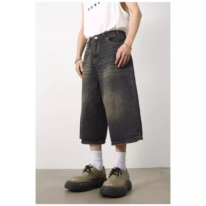 Boys New Summer Solid Color Fashionable Dark Blue Denim 7-Point Pants All-Match Loose Wide-Leg Straight Shorts Capri Pants - Image 2