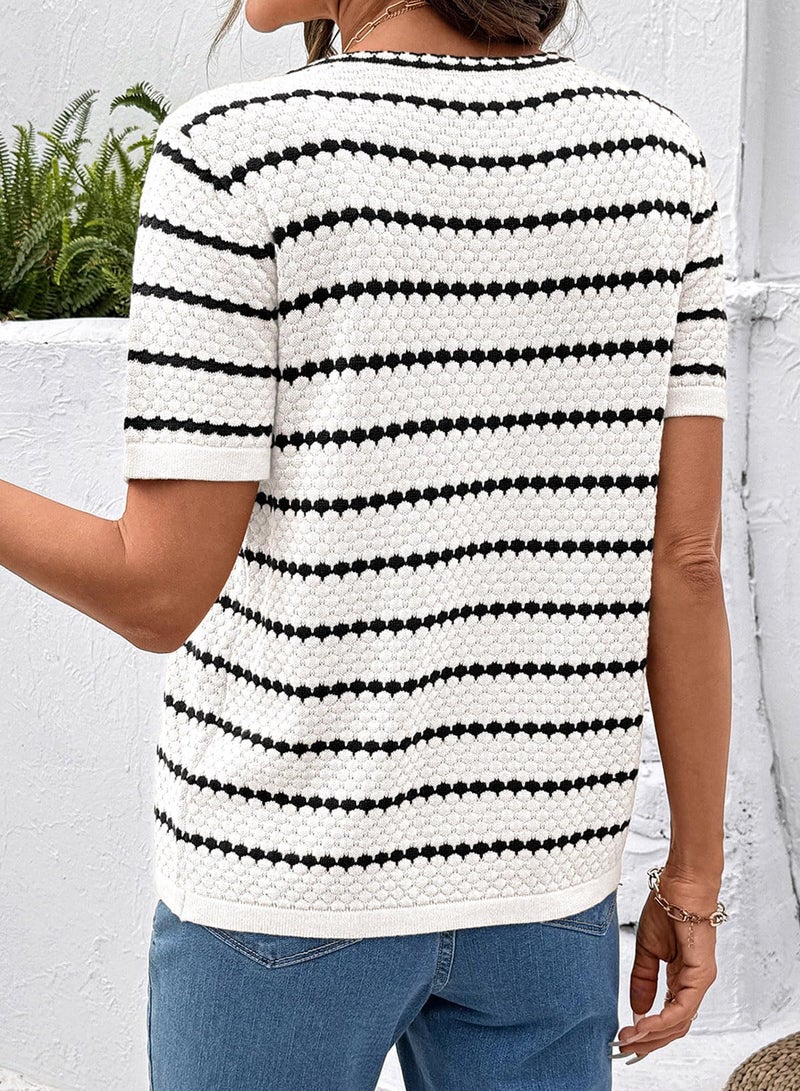 Dokotoo Cardigan Sweaters for Women Summer Short Sleeve Crochet Striped Color Block Button Down V Neck Lightweight Dressy Casual Knit Tops Ladies Blouses and Shirts Fashion Clothing White Small - Image 2