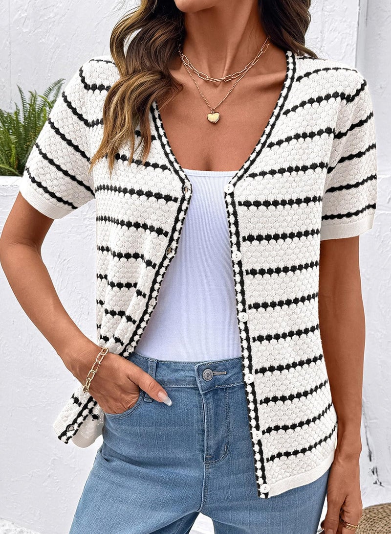 Dokotoo Cardigan Sweaters for Women Summer Short Sleeve Crochet Striped Color Block Button Down V Neck Lightweight Dressy Casual Knit Tops Ladies Blouses and Shirts Fashion Clothing White Small - Image 3