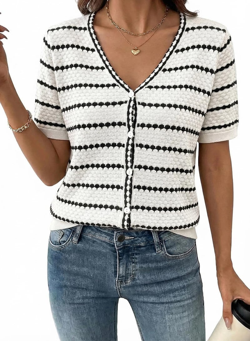 Dokotoo Cardigan Sweaters for Women Summer Short Sleeve Crochet Striped Color Block Button Down V Neck Lightweight Dressy Casual Knit Tops Ladies Blouses and Shirts Fashion Clothing White Small - Image 1