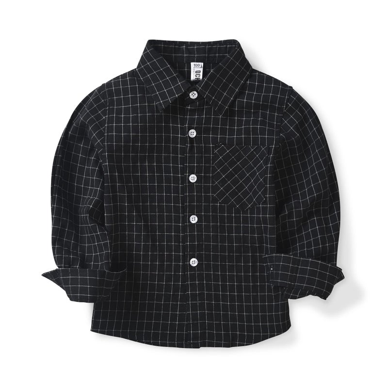 OCHENTA Toddler Boys Plaid Flannel Button Down Shirt Long Sleeve Casual Dress Tops Black 100CM - 2T - Image 1