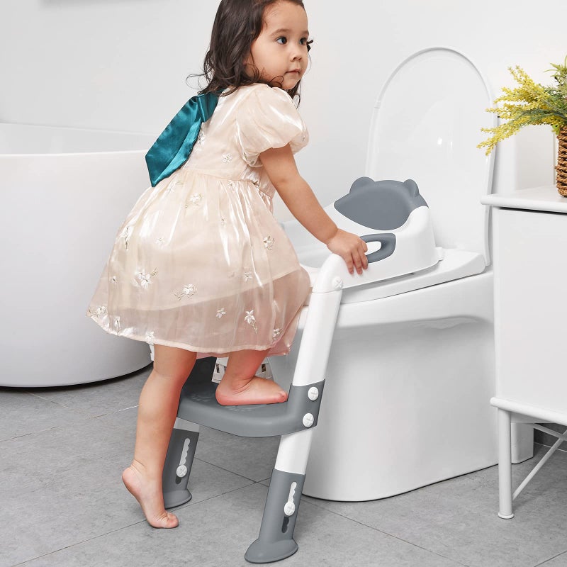 SKYROKU Potty Training Seat with Step Stool Ladder, SKYROKU Potty Training Toilet for Kids Boys Girls Toddlers - Comfortable Safe Potty Seat with Anti-Slip Pads Ladder Grey  - Image 2