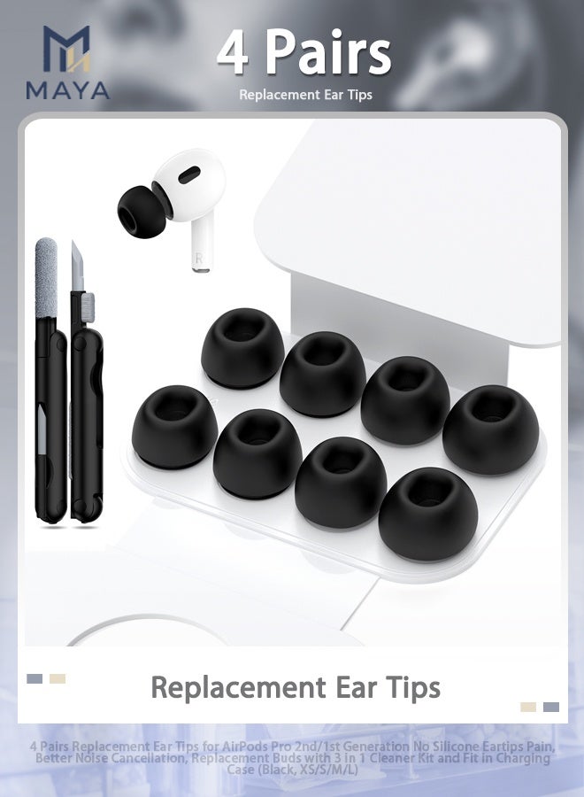 Maya 4 Pairs Replacement Ear Tips for AirPods Pro 2nd/1st Generation No Silicone Eartips Pain, Better Noise Cancellation, Replacement Buds with 3 in 1 Cleaner Kit and Fit in Charging Case (Black, XS/S/M/L) - Image 1