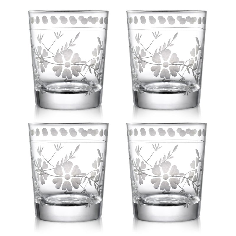 Joeyan Hand Blown Etched Drinking GlassesClear Water Glass Cups with Floral PatternAesthetic Tumblers Glassware Set for Beverages Juice Cocktail Whiskey9 ozSet of 4Dishwasher Safe