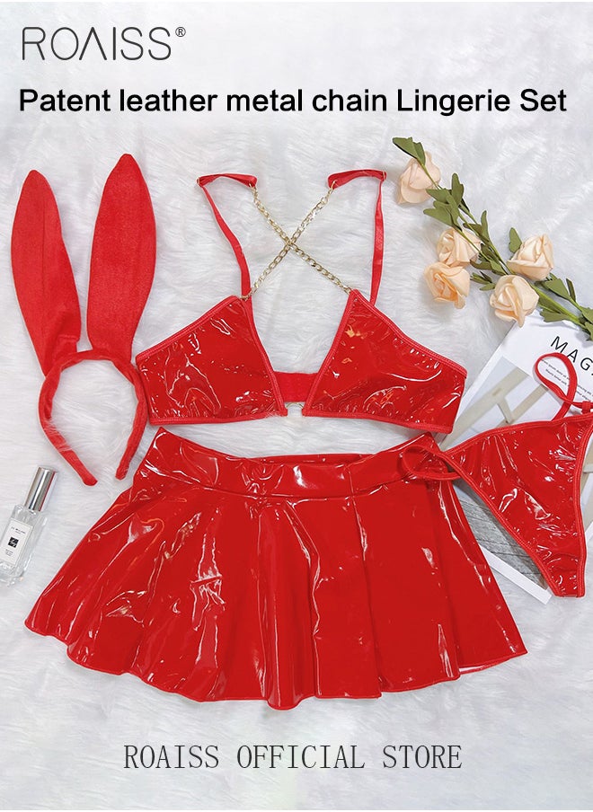 roaiss Shiny Patent Leather Lingerie Set for Women Cute Rabbit Dress Up Bra Top Flared Skirt Suit Ladies Cosplay Halter Bra Bunny Outfits for Nightclub Party Costume  - Image 1