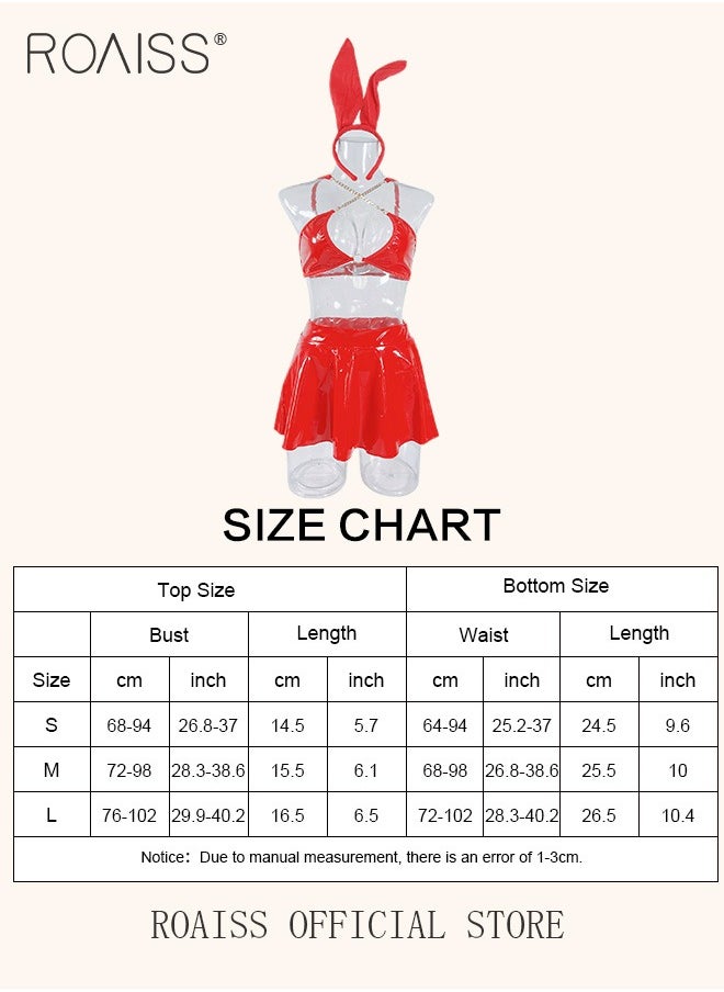 roaiss Shiny Patent Leather Lingerie Set for Women Cute Rabbit Dress Up Bra Top Flared Skirt Suit Ladies Cosplay Halter Bra Bunny Outfits for Nightclub Party Costume  - Image 2