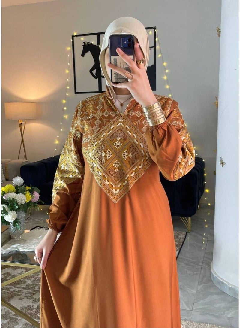 Women's cotton abaya (for going out and receiving guests) with luxurious geometric embroidery - Image 3