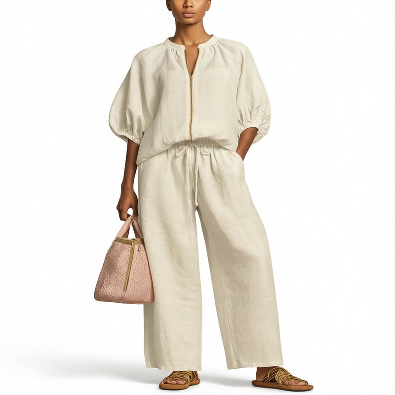 طقم بنطلون واسع الساق للنساء بصدرية بياقة دائرية وسحاب للصيف - Image 2