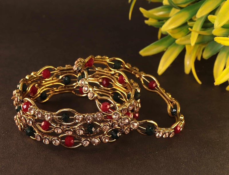 STYOLLO Traditional Royal Alloy Kada Set for Women & Girls with Zircon Stone & Pearls | Stylish AD Bangles | Girls Kada Set | Bridal Chuda Set | Wedding For Bengal Girls | Fashion Bangles - Set of 4 - Image 3