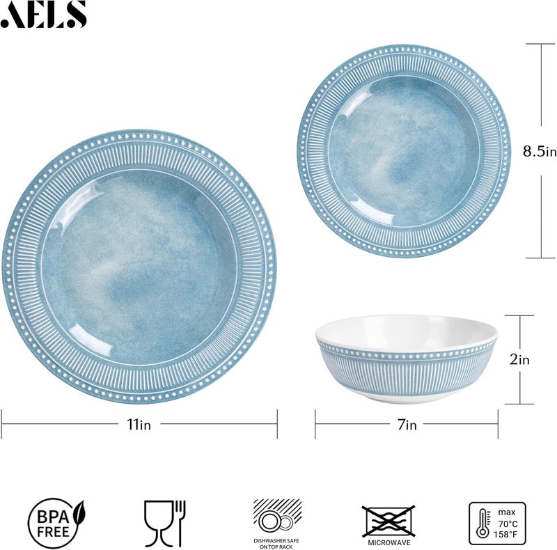 AELS Melamine Dinnerware Set of 12 Pcs Dinner Dishes Set for Indoor and Outdoor Use Melamine Plates and Bowls Set for 4 Dishwasher Safe Lightweight Unbreakable BPA Free Blue - Image 2