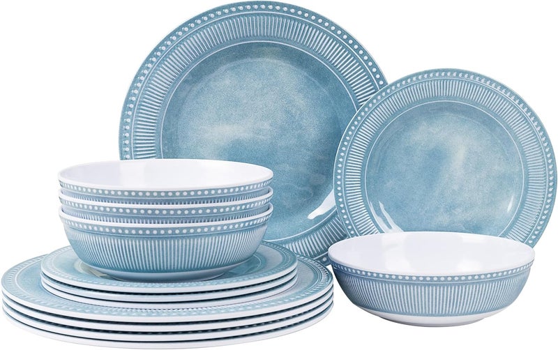 AELS Melamine Dinnerware Set of 12 Pcs Dinner Dishes Set for Indoor and Outdoor Use Melamine Plates and Bowls Set for 4 Dishwasher Safe Lightweight Unbreakable BPA Free Blue - Image 1