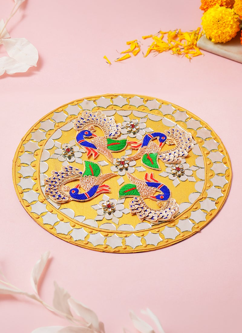 Madhoor Peacock Mirror Decorative Rangoli Design Yellow for Diwali, Pooja & Festive Floor Decor, 10 Inches, 1 Piece - Image 1