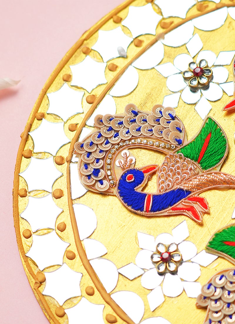 Madhoor Peacock Mirror Decorative Rangoli Design Yellow for Diwali, Pooja & Festive Floor Decor, 10 Inches, 1 Piece - Image 3