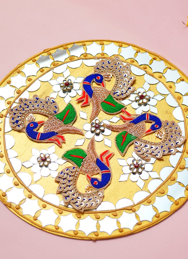 Madhoor Peacock Mirror Decorative Rangoli Design Yellow for Diwali, Pooja & Festive Floor Decor, 10 Inches, 1 Piece - Image 2