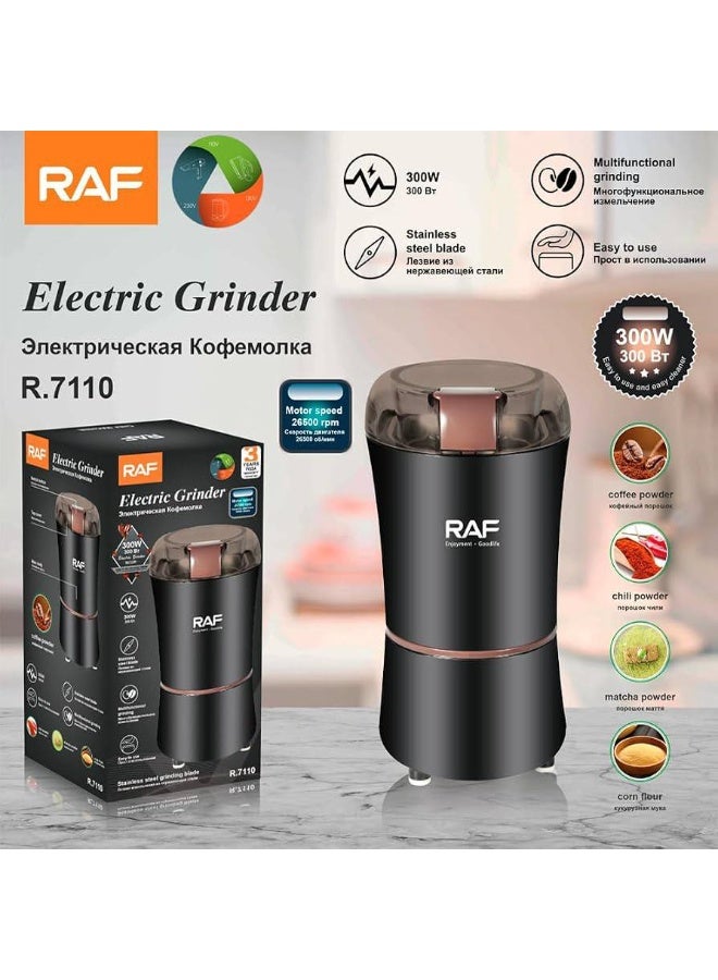 مطحنة قهوة متعددة الأغراض من ماركة RAF، موديل R.7110. تعمل بمحرك بقوة 300 واط وتصل سرعة دورانها إلى 26,500 دورة في الدقيقة لطحن سريع. مزودة بشفرات حادة من الفولاذ المقاوم للصدأ مناسبة للبن، التوابل، المكسرات، والأعشاب. التصميم: تأتي بلون أسود مع غطاء بلاستيكي شفاف، وتتميز بتصميم صغير الحجم وموفر للمساحة. كود : 1090023