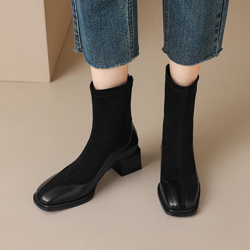 2024 Lazada Supply British Style Square Head 32-43 Size Code Splicing Low Barrel Martin Boots Women - Image 5