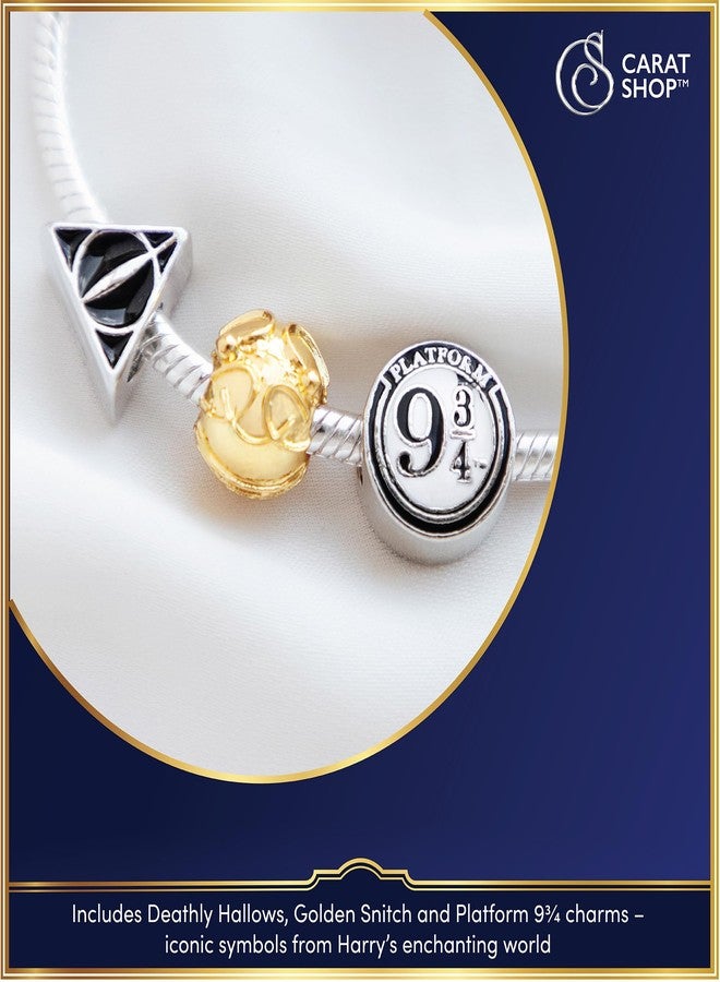 Harry Potter Official Silver Plated Bracelet with Deathly Hallows, Golden Snitch and Platform 9 3/4 Charm - Image 3