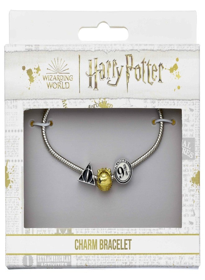 Harry Potter Official Silver Plated Bracelet with Deathly Hallows, Golden Snitch and Platform 9 3/4 Charm - Image 2