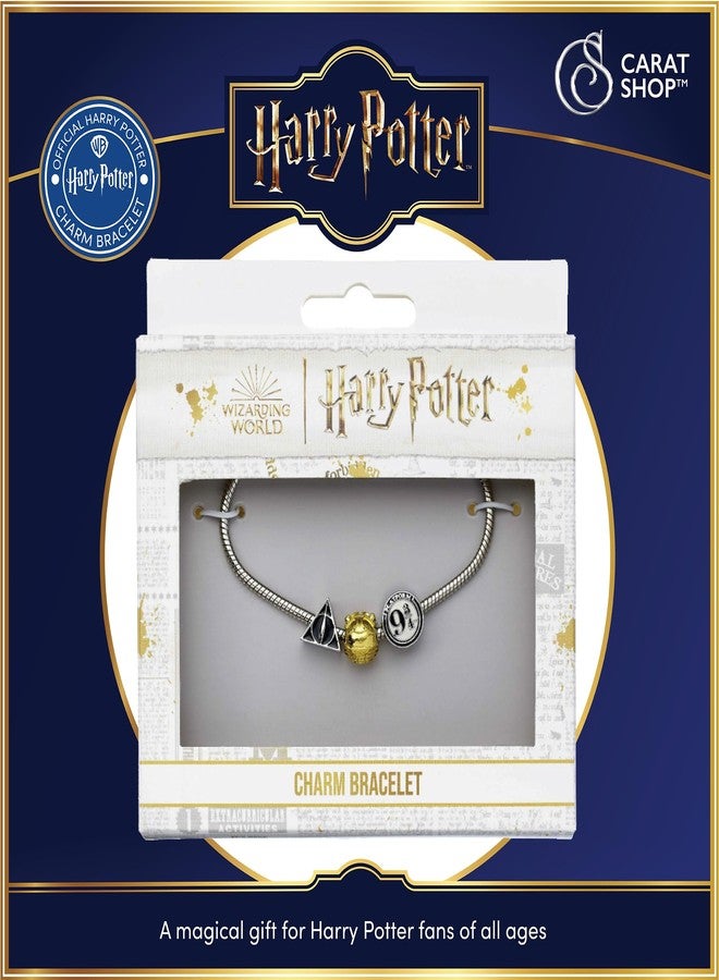 Harry Potter Official Silver Plated Bracelet with Deathly Hallows, Golden Snitch and Platform 9 3/4 Charm - Image 5