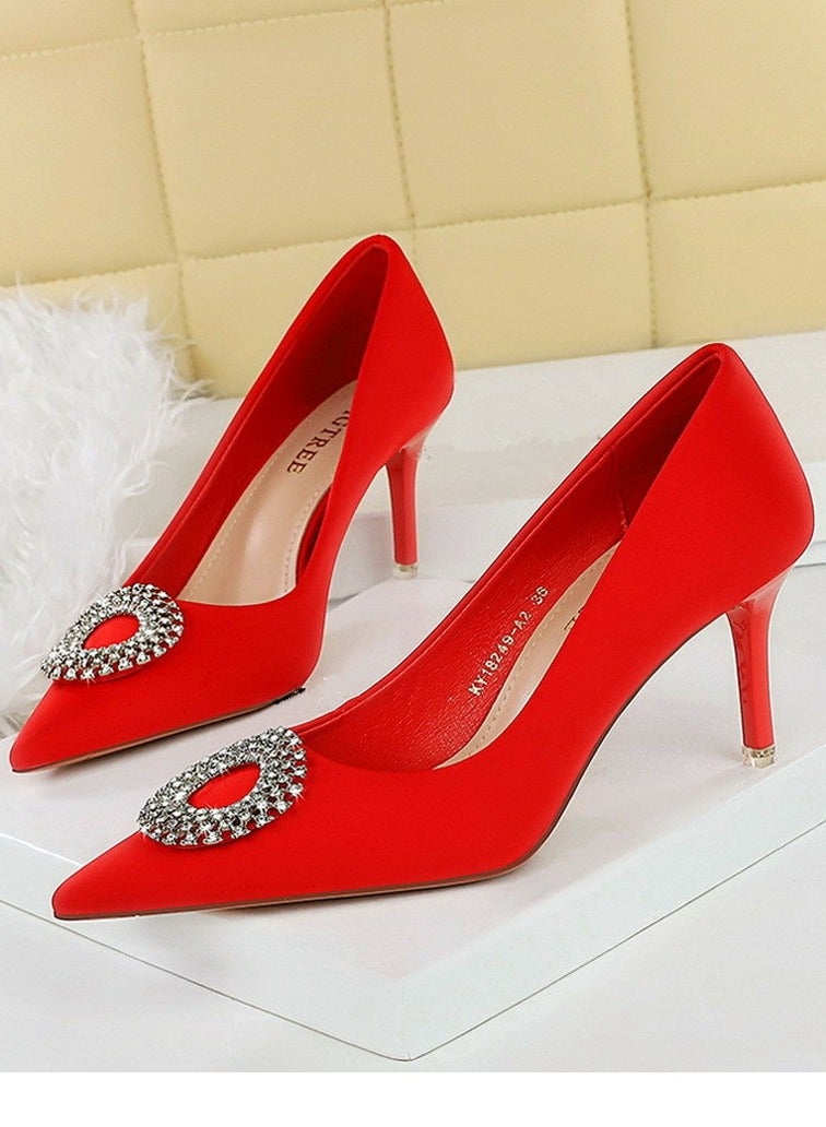 BIGTREE Women's Closed Pointed Toe Stiletto Pump Rhinestone Round Buckle Decoration High Heels Red 7.5CM - Image 1