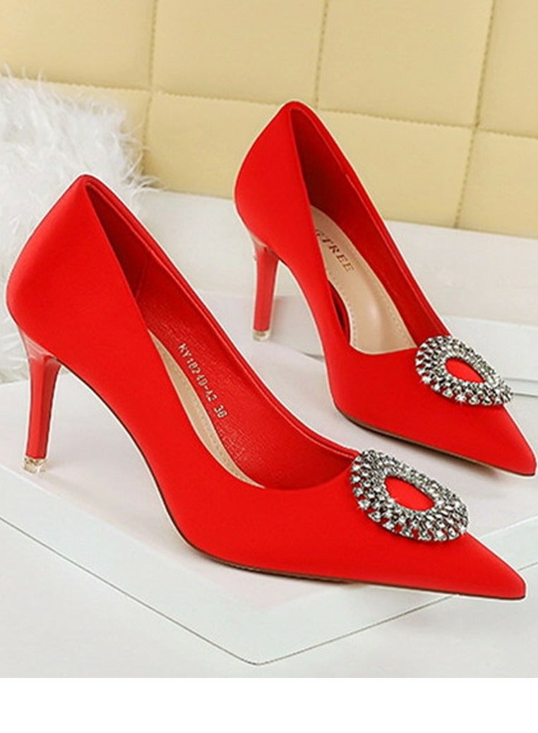BIGTREE Women's Closed Pointed Toe Stiletto Pump Rhinestone Round Buckle Decoration High Heels Red 7.5CM - Image 2