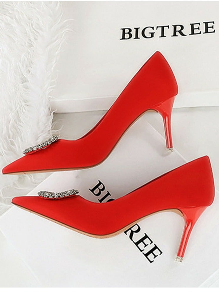 BIGTREE Women's Closed Pointed Toe Stiletto Pump Rhinestone Round Buckle Decoration High Heels Red 7.5CM - Image 3