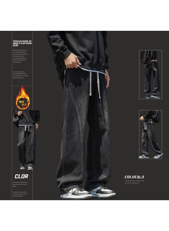 Clor American High Street Curved Blade Men's Jeans Spring Summer Straight Loose Vintage Casual Wide Leg Pants Nz24 Black L - Image 1