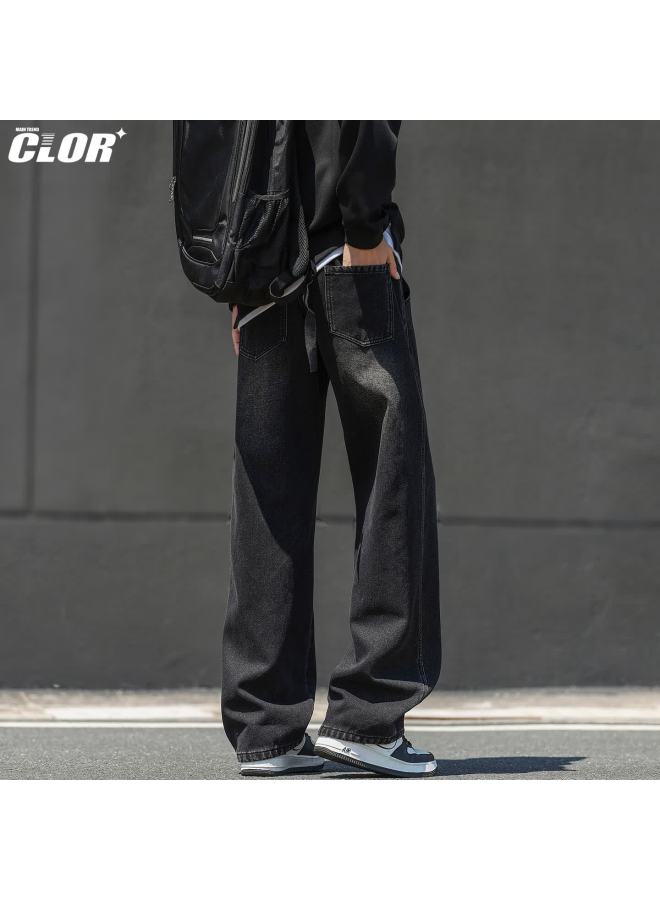 Clor American High Street Curved Blade Men's Jeans Spring Summer Straight Loose Vintage Casual Wide Leg Pants Nz24 Black L - Image 3