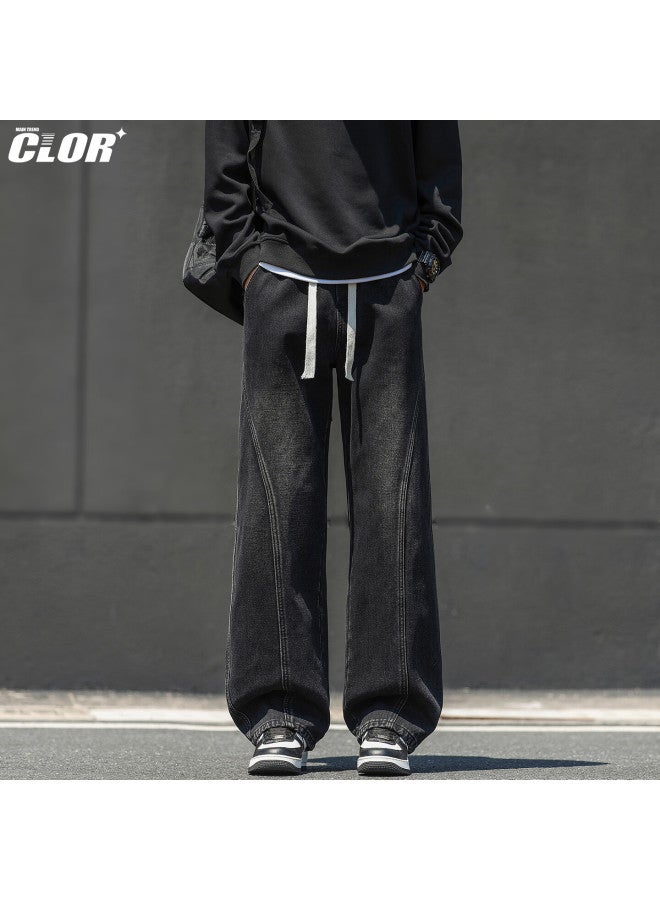 Clor American High Street Curved Blade Men's Jeans Spring Summer Straight Loose Vintage Casual Wide Leg Pants Nz24 Black L - Image 2