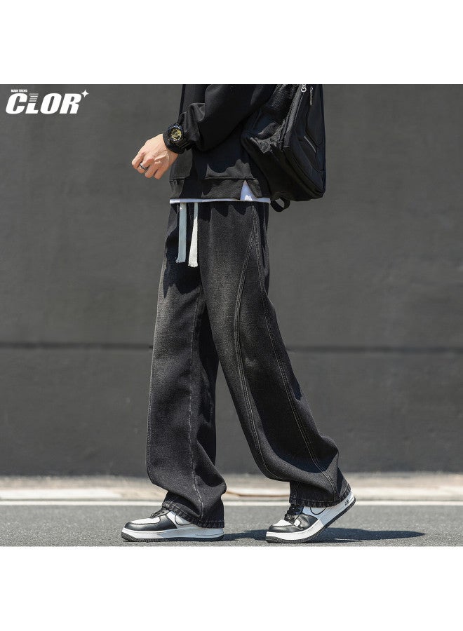 Clor American High Street Curved Blade Men's Jeans Spring Summer Straight Loose Vintage Casual Wide Leg Pants Nz24 Black L - Image 4