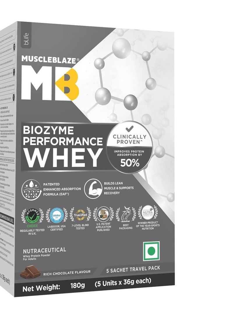 MuscleBlaze Biozyme Performance Whey Protein Powder, Rich Chocolate, 5 Sachets (36g each) | Travel Pack | 25g Protein Per Sachet | Clinically Tested 50% Higher Protein Absorption - Image 1
