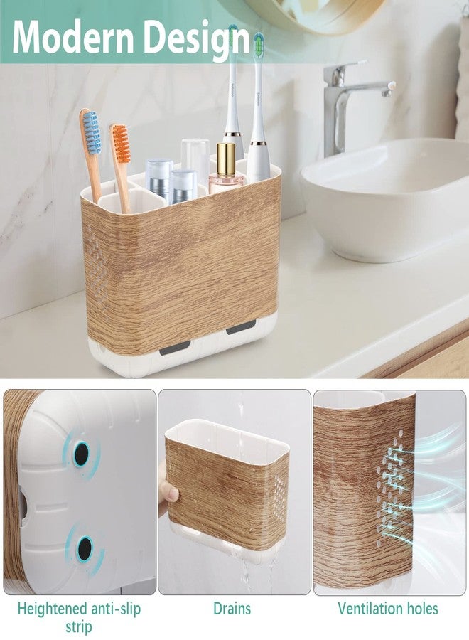Boperzi Toothbrush and Toothpaste Holder Wood Grain for Bathroom Countertop with Adjustable Dividers, Toothpaste Caddy Organizer Storage Rustic Set Anti-Slip for Shower,Kitchen,Farmhouse,Family,Kids - Image 2