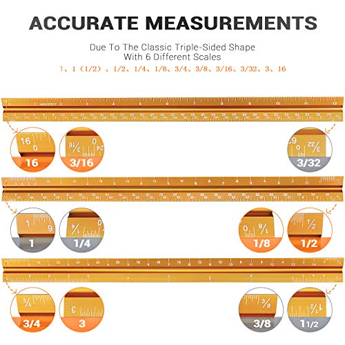 Hutou 12" Architectural Scale Ruler Aluminum Architect Scale Triangular Scale Ruler for Architects, Draftsman, Students and Engineers, Golden - Image 3