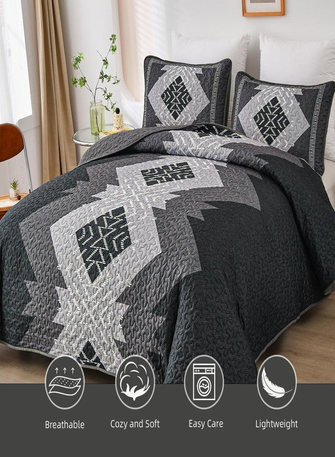 Dintszyayue Boho Queen Quilt Set 3 Pieces Black Grey Aztec Texture Bedspread Coverlet Set Bohemian Quilt Bedding Set Microfiber Lightweight Bed Cover for All Seasons 90"×96" - Image 3