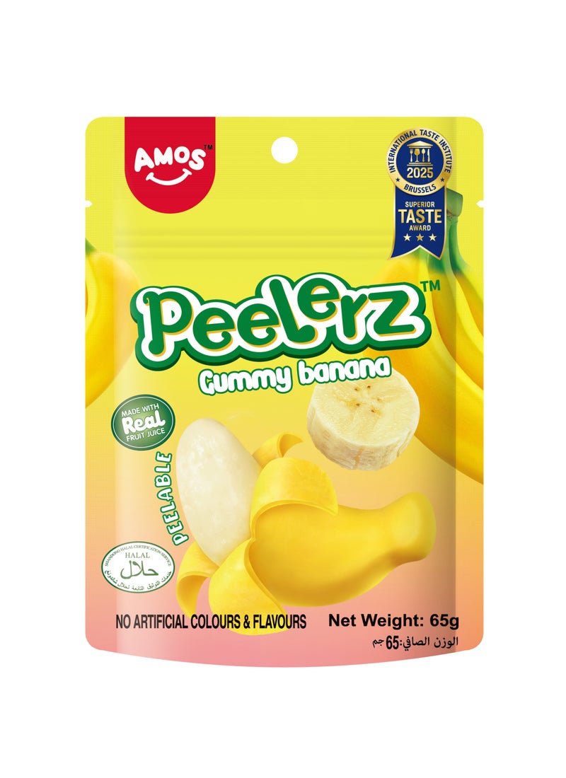Amos Peelerz Chewy Gummy Banana Candy Halal Fun Peel Shaped Snack for Kids And Adults 65g - Image 1
