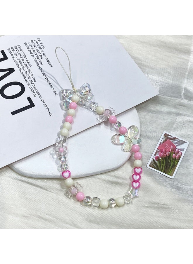 NIBEMINENT Beaded Phone Lanyard, Anti Lost Removable Wrist Strap, Pink Butterfly Bracelet Pendant, Phone Keychain Lanyard  - Image 1