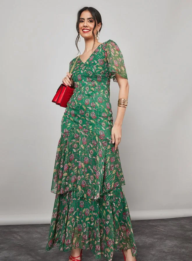 Styli Frill Sleeve Floral Print Layered Maxi Dress