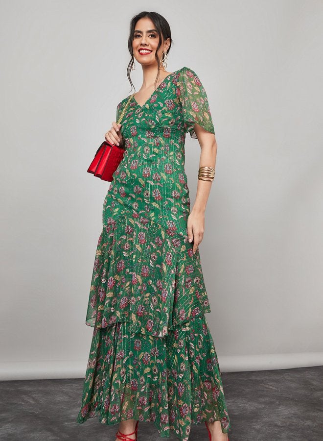 Styli Frill Sleeve Floral Print Layered Maxi Dress  - Image 1