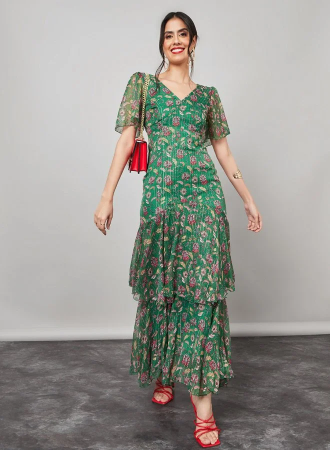 Styli Frill Sleeve Floral Print Layered Maxi Dress