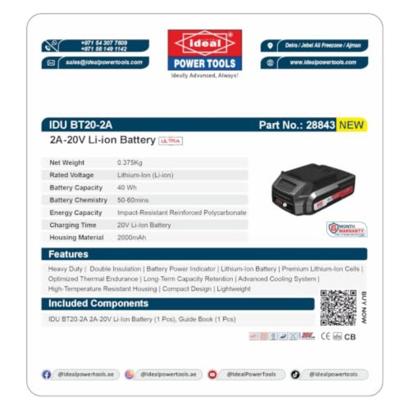 IDU BT20-2A - LI-ION BATTERY [2A-20V] - 2000mAh, Lithium-Ion, Rechargeable, Compatible with ALL IDEAL ULTRA SERIES Power Tools, High Performance and Longevity Certified. CB and ROHS certified. - Image 2