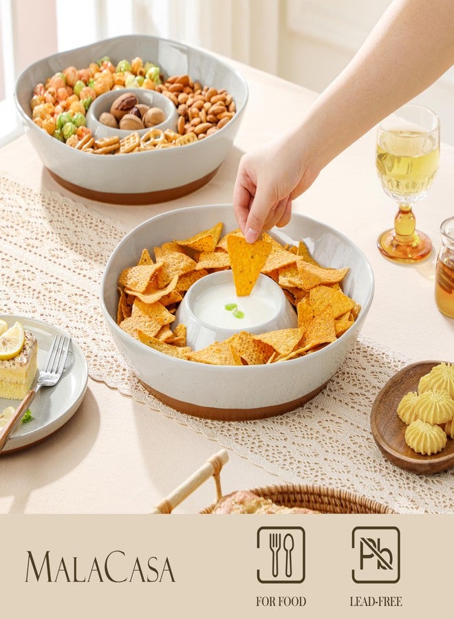 MALACASA Ceramic Chips and Dip Serving Tray, 12 Inch Large Divided Bowls Set for Salsa, Veggies & Dip, Appetizers, Snacks, Free-Form Serving Dish Platter for Parties Hosting & Entertaining, Gray - Image 2