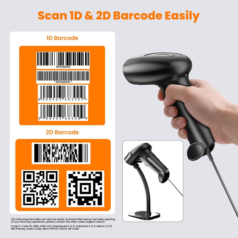 USB Wired 2D/1D Barcode Scanner with Stand, Handheld Barcode Reader Compatible with QR Code & Barcode, Button Scan/Induction and Continuous Automatic Scan, with BIS & 1 Year Warranty