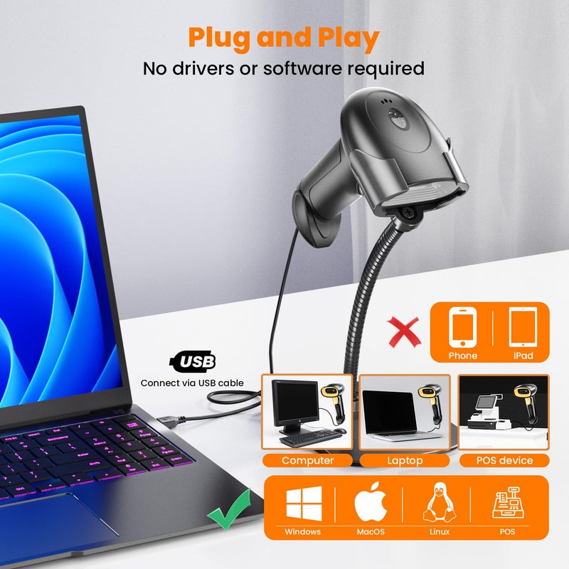 USB Wired 2D/1D Barcode Scanner with Stand, Handheld Barcode Reader Compatible with QR Code & Barcode, Button Scan/Induction and Continuous Automatic Scan, with BIS & 1 Year Warranty