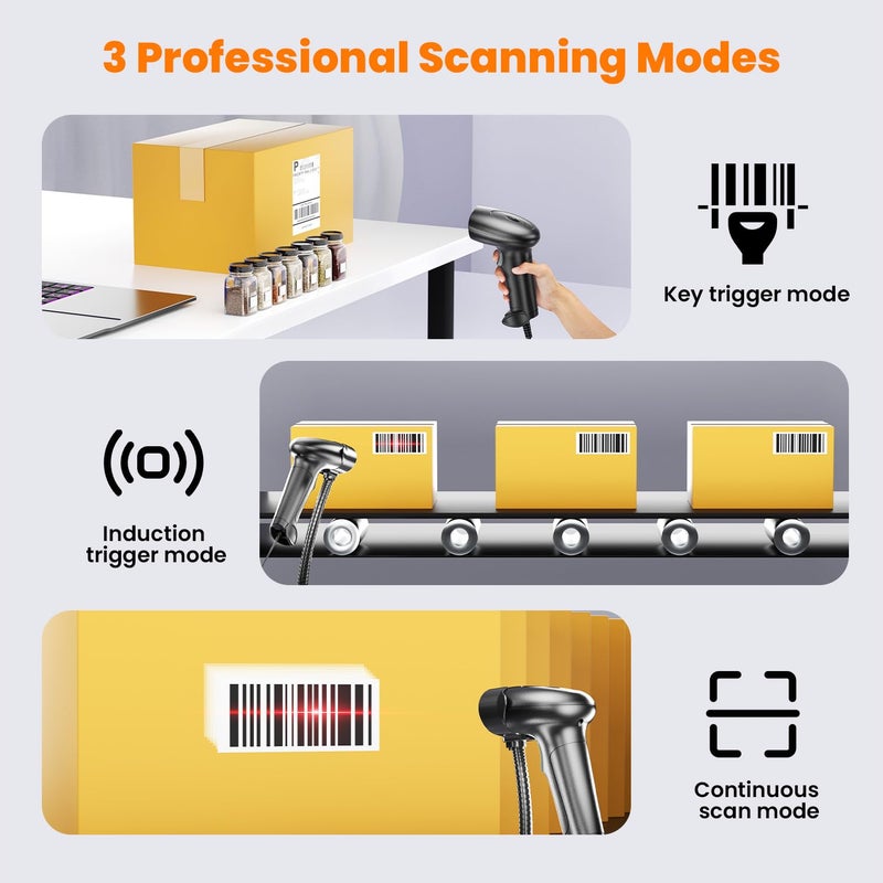 USB Wired 2D/1D Barcode Scanner with Stand, Handheld Barcode Reader Compatible with QR Code & Barcode, Button Scan/Induction and Continuous Automatic Scan, with BIS & 1 Year Warranty