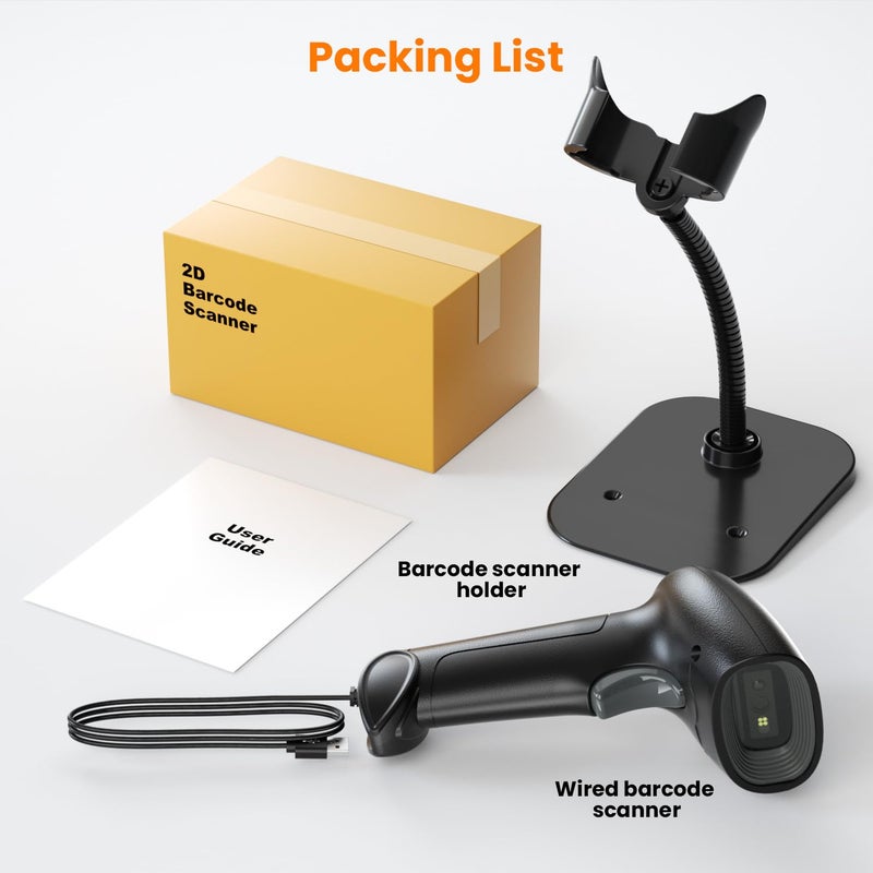 USB Wired 2D/1D Barcode Scanner with Stand, Handheld Barcode Reader Compatible with QR Code & Barcode, Button Scan/Induction and Continuous Automatic Scan, with BIS & 1 Year Warranty