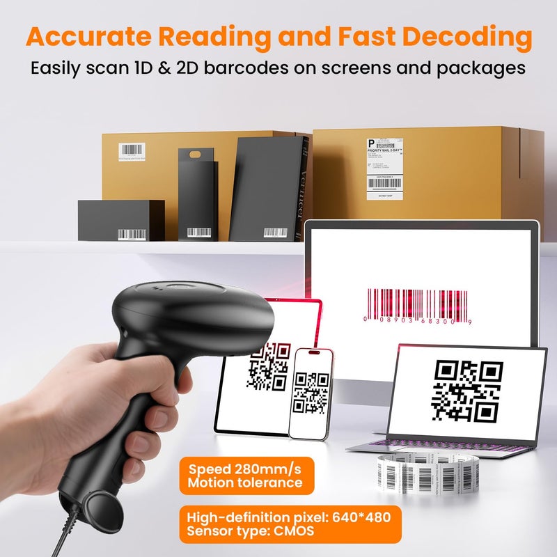 USB Wired 2D/1D Barcode Scanner with Stand, Handheld Barcode Reader Compatible with QR Code & Barcode, Button Scan/Induction and Continuous Automatic Scan, with BIS & 1 Year Warranty
