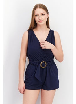 BB Dakota by Steve Madden Women Belted Surplice Neck Solid Playsuit, Navy  - Image 1