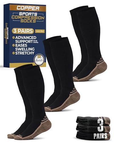 Pembrook 3 Pairs Copper Compression Socks Men 20-30 mmHg, Black Compression Socks, Support for Running Athletic Cycling Hiking, Good for Edema and Varicose Veins/Blk/3 - Image 1